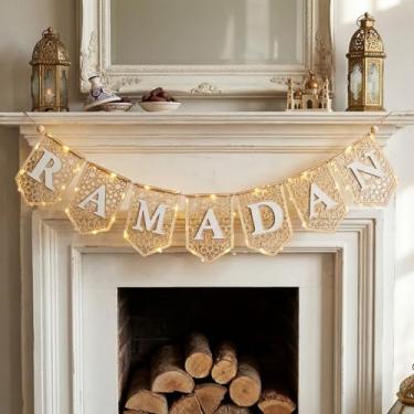Imagem de Moukeren Ramadan Mubarak Banner Decorações de madeira, decoração de faixa de Ramadã para casa com 30 luzes LED e bateria operada para casa, lareira, parede, presente de festa Eid islâmico muçulmano