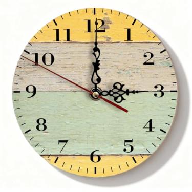 Imagem de Relógio de parede de madeira amarela e sálvia - Shiplap envelhecido silencioso sem tique-taque decoração de casa de fazenda para quarto e sala de estar - relógio de destaque pequeno - 19 cm