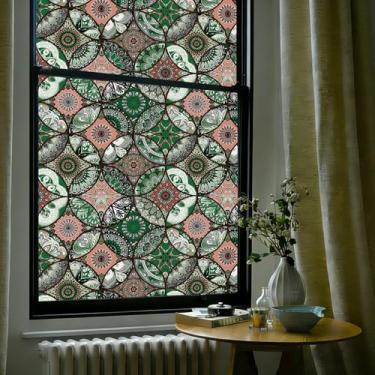 Imagem de OHTMERU Película decorativa para janela de vitral, adesivo de vidro fosco com aderência estática, opaco, controle de calor, bloqueio UV, filme Boho para janela para porta da frente, mandala verde