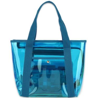 Imagem de Fammart Bolsa de praia transparente para mulheres, sacola transparente com zíper para eventos de estádio, esportes, shows, trabalho, Azul iridescente, Large, Tendência