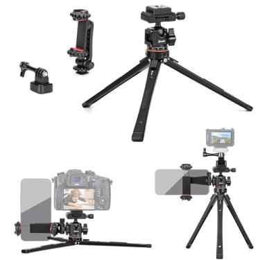 Imagem de Zeadio Kit de tripé de metal multifuncional com cabeça esférica Arca, suporte de telefone e adaptador de câmera de ação para gravação/YouTube/filmagens/vlogs, tripé de viagem compacto para câmera