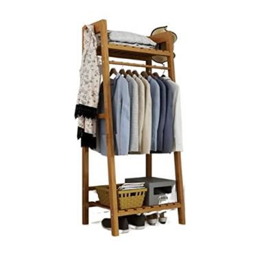 Imagem de SLGGPJBU Cabideiro para cabide de bambu, suporte de chão, cabideiro com prateleira em camadas, organizador de corredor, suporte de armazenamento de chapéus de roupas