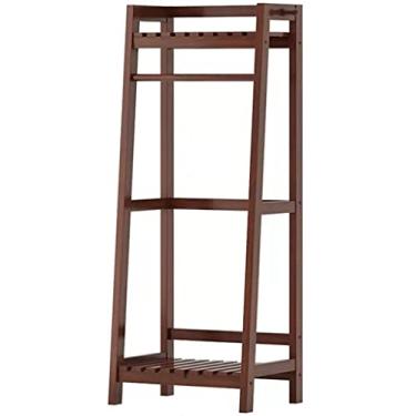 Imagem de SLGGPJBU Cabide para cabide de banco de sapatos com trilho de vestuário, cabide de árvore, independente, com 2 prateleiras, trilhos de roupas de bambu, cabide para casacos, calças, chapéus