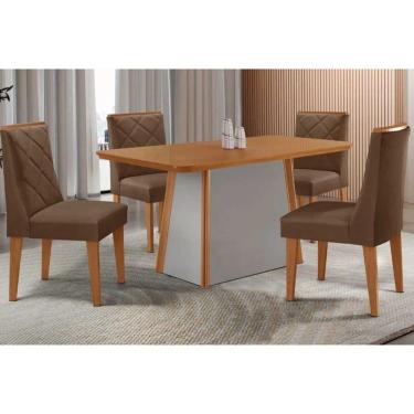 Imagem de Conjunto: Mesa Sala Jantar Tilia c/ Tampo Madeirado Canto Curvo 120x80cm e 4 Cadeiras Pietá Naturale/Off White - Suede Marrom - Rufato