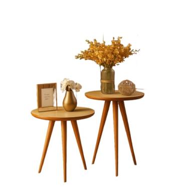 Imagem de Kit 2 Mesas Canto Apoio Redonda Retro Para Sala Sofá Lateral Em Pés Palito Madeira Tripé(Off-White/Freijó)