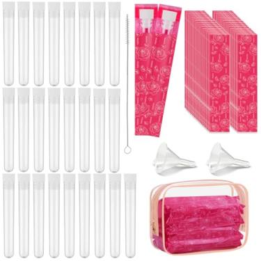 Imagem de Conjunto de frascos de tampão 79 peças, 25 tubos de plástico reutilizáveis à prova de vazamento com 50 embalagens autoadesivas, 2 funis, escova de palha, bolsa, frascos de viagem para mulheres