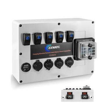 Imagem de Caixa de controle de energia de bateria 12V/24V para sistema elétrico de acampamento, caixa de fusíveis de 6 vias, 5 interruptores basculantes, voltímetro, portas USB, soquete Cig, fonte de