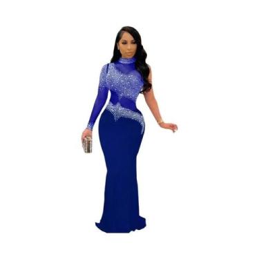 Imagem de Vestido Maxi Bodycon Sexy Feminino Com Uma Manga, Cristais E Strass, T
