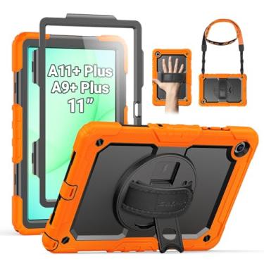 Imagem de SEYMAC Capa para Samsung Galaxy Tab A11+ Plus/A9+ Plus 11 polegadas 2025/2023, capa protetora resistente à prova de choque com protetor de tela, suporte giratório e alça de mão/ombro, laranja