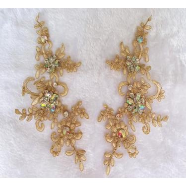 Imagem de Zbroh Patches de tecido de renda fina bordado strass acabamento aplique decoração vestido costura em contas de lantejoulas acessório um par (champanhe)