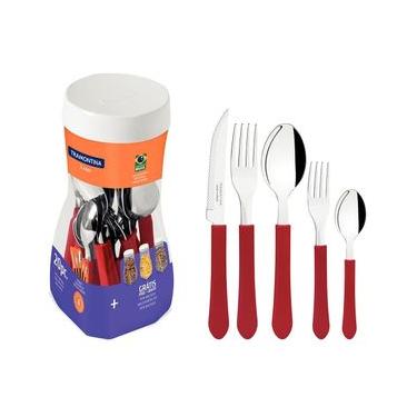 Imagem de Faqueiro 20 Peças Tramontina Leme em Aço Inox e Polipropileno com Pote Multiuso  Vermelho