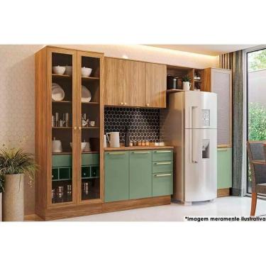 Imagem de Cozinha Completa Botanic 6 Peças (2 Armários + 1 Balcão + 1 Cristaleira + 1 Paneleiro + 1 Complemento) M661 Nogueira-verde Oliva - Kappesberg