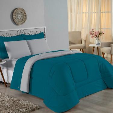 Imagem de Kit Edredom Dupla Face + Jogo De Lençol Queen Nobre 6 Peças Malha 100% Algodão - Petróleo / Cinza