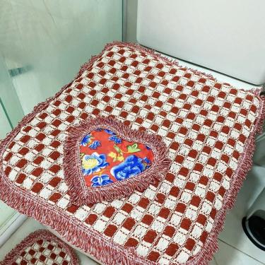 Imagem de Kit 03 Tapete Xadrez Para Banheiro Decorativo E Macio 50x40 De Algodão Piso Chão Vermelho Com Estampa