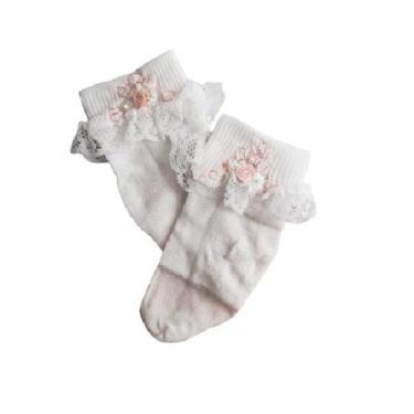 Imagem de Meia social infantil rendada e bordada com flor rosa - BRANDO, 17a20