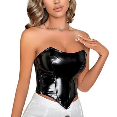 Imagem de Cropped Top Blusa Bustier sem alça Com Barbatanas Vinil Alto Brilho Pr