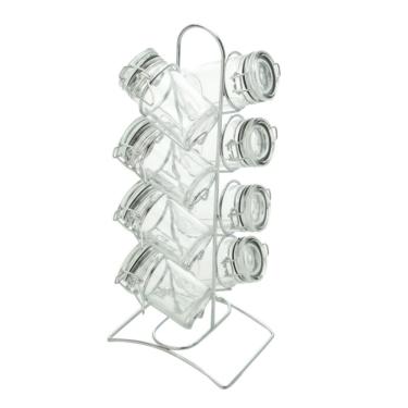 Imagem de Porta Temperos 8 Peças de Vidro com Tampa Hermética e Suporte de Metal Cromado para Cozinha Lyor