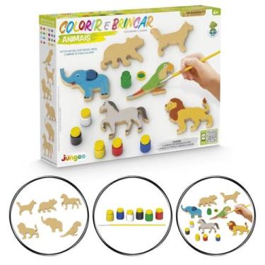 Imagem de Kit Pintura Infantil, Colorir e Brincar Tema Animais em MDF - Junges