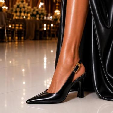 Imagem de Sapato Slingback Feminino Bico Fino Salto Baixo Scarpin Confortável - 