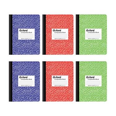 Imagem de Oxford Caderno de composição pacote com 6, material escolar, cadernos para escola, papel pautado largo. 24 x 19 cm, 100 folhas, capas de mármore sortidas, 2 cada: azul, verde, vermelho (63762)