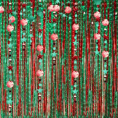 Imagem de Decoração de Natal – Pacote com 4 cortinas metálicas com franjas e 2 peças de glitter circular grinaldas de estrelas para decorações de festa de aniversário de casamento, Natal e Ano Novo (vermelho e verde)