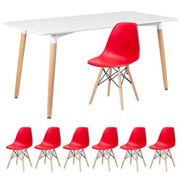 Imagem de Loft7, Kit - Mesa de jantar retangular Eames 80 x 160 cm branco + 6 cadeiras Eiffel Dsw Vermelho