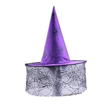 Imagem de Chapéu de bruxa infantil Bestgift chapéu de bruxo fantasia de Halloween chapéu de festa roxo com malha