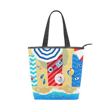 Imagem de Bolsa feminina durável de lona para verão, praia, guarda-sol, estampa à beira-mar, sacola de compras de grande capacidade
