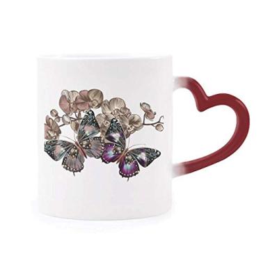 Imagem de Caneca sensível ao calor Flores e borboleta, caneca vermelha que muda de cor