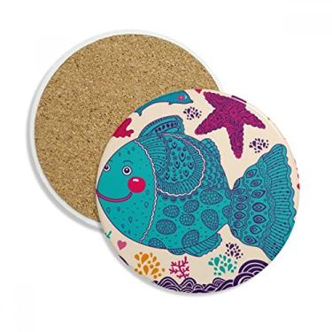 Imagem de Caneca com desenho de linha de desenho animado peixes marinhos corais porta-copos caneca de proteção de mesa pedra absorvente