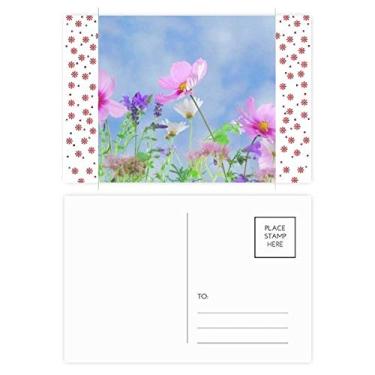 Imagem de Cartão postal com fundo azul, flores roxas, flores de Natal, celebração, cartão postal de bênção