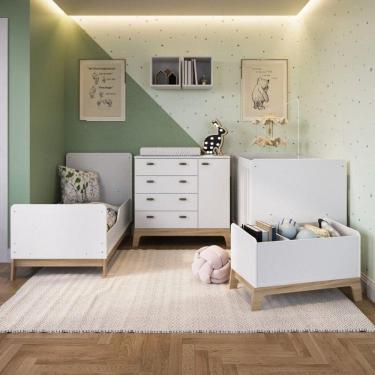 Imagem de Quarto de Bebê Gêmeos com 2 Berços Cômoda Caixa de Brinquedos e 2 Nichos Favo de Marrom Completa Móveis Branco