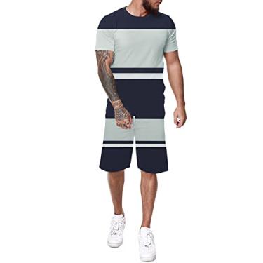 Imagem de Conjunto de 2 peças de camiseta e shorts de manga curta com estampa Build to Suit casual masculino, Azul-marinho, 3G