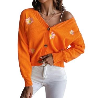 Imagem de ikasus Cardigã feminino suéter tricotado botão manga longa bordado lã malha cardigãs para senhoras meninas clima frio, laranja GG