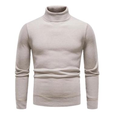Imagem de KANG POWER Suéter masculino de gola rolê tricotado outono inverno pulôver casual branco inferior camisas slim fit blusa fria, 7003 - bege, Small