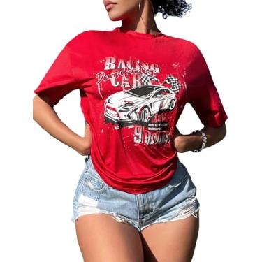 Imagem de WDIRARA Camiseta feminina com estampa gráfica de letras de carro gola redonda meia manga, Vermelho, M