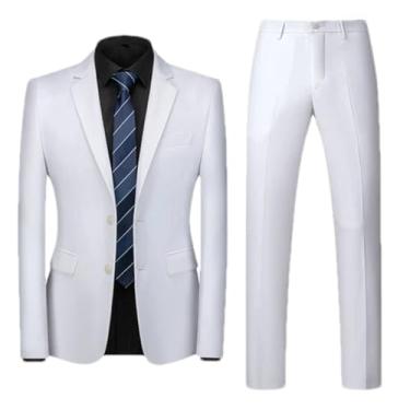 Imagem de Ternos masculinos de cor sólida casual primavera outono blazer masculino dois botões jaqueta casaco calças, Branco, Medium