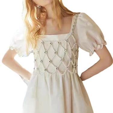 Imagem de Muloo Corrente corporal moderna de strass branco brilhante malha top boate colete curto acessórios corporais joias para mulheres corrente branca, Imitação de pérolas