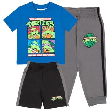 Imagem de Nickelodeon Conjunto de 3 peças de calça para meninos Tartarugas Ninja Teenage Mutant – Conjunto de 3 peças, camiseta de manga curta, shorts e jogger TMNT, Azul/preto/cinza, 8