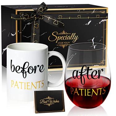 Imagem de PUGED Conjunto de presente Before Patients After Patients Caneca de café de 325 ml e taça de vinho sem haste de 510 g com pacote de presente para dentistas enfermeiros presentes de formatura