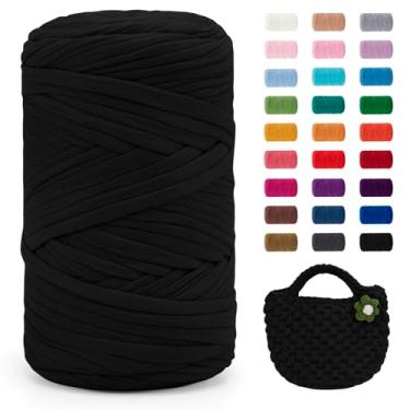 Imagem de JeogYong Fio de camiseta, 400 g/130 jardas tecido super macio de tecido de crochê, fio grosso de tricô à mão para sacos/cestas/tapetes, decoração de casa, artesanato DIY (preto)