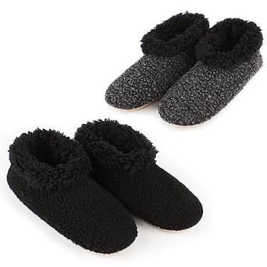 Imagem de 2 pares de meias masculinas felpudas de ovelha forradas, conjunto de meias quentes de tricô de inverno com solas antiderrapantes, chinelos confortáveis e macios para uso interno com parte inferior aderente, 2 pares, cinza felpudo + preto, 12-13