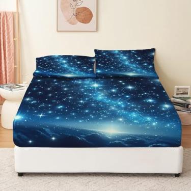 Imagem de Bhoyctn Jogo de lençol macio, 4 peças, King Galaxy, céu estrelado, para todas as estações, com bolso extra profundo de 40,6 cm, 1 lençol com elástico, 1 lençol de cima, 2 fronhas