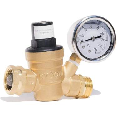 Imagem de RVAQUA M11-45PSI Regulador de pressão de água para RV Camper - Redutor de pressão de água RV ajustável sem chumbo de latão com filtro de tela inoxidável de calibre e entrada 160 PSI