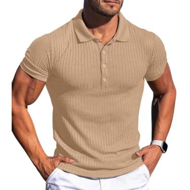 Imagem de Askdeer Camisa polo masculina de manga longa/curta, caimento justo, casual, clássica, elástica, camisetas de golfe, A07 cáqui, XXG