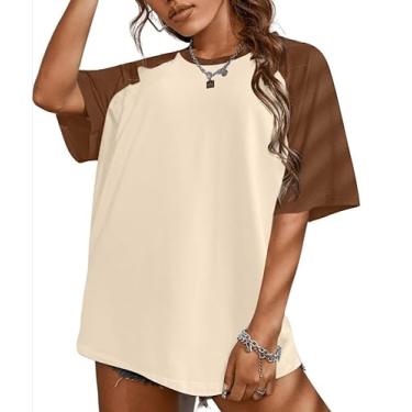 Imagem de Remidoo Camiseta feminina casual básica de manga curta extragrande colorblock, Marrom bege, GG
