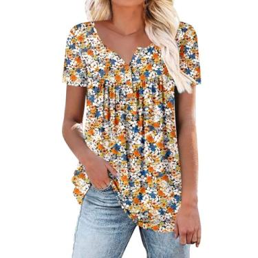 Imagem de Camiseta feminina de manga curta floral de verão com gola V e botão de manga curta feminina túnica solta de verão casual, Bege, G