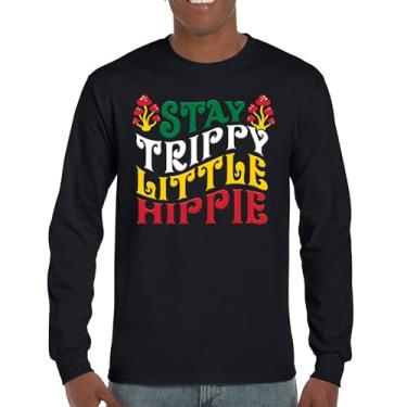 Imagem de Camiseta de manga comprida com estampa "Stay Trippy Little Hippie" Hippies Vintage Peace Love Happiness Retro 70s Cogumelos, Preto, M
