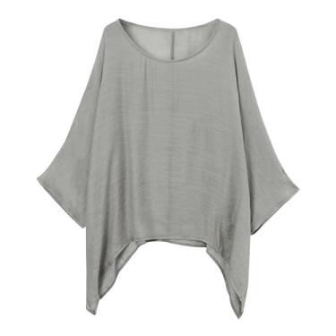 Imagem de Camiseta feminina de linho para o verão, básica, superdimensionada, 2024, cor sólida, manga morcego, casual, blusas modernas, Cinza, M