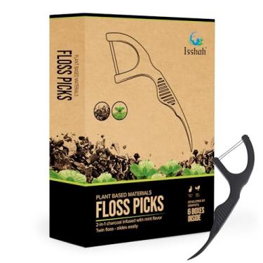 Imagem de Palitos de fio dental natural (300 unidades) - à base de plantas, vegano aprovado pela PETA, ecológico, fio dental sustentável - fio dental duplo (carvão)